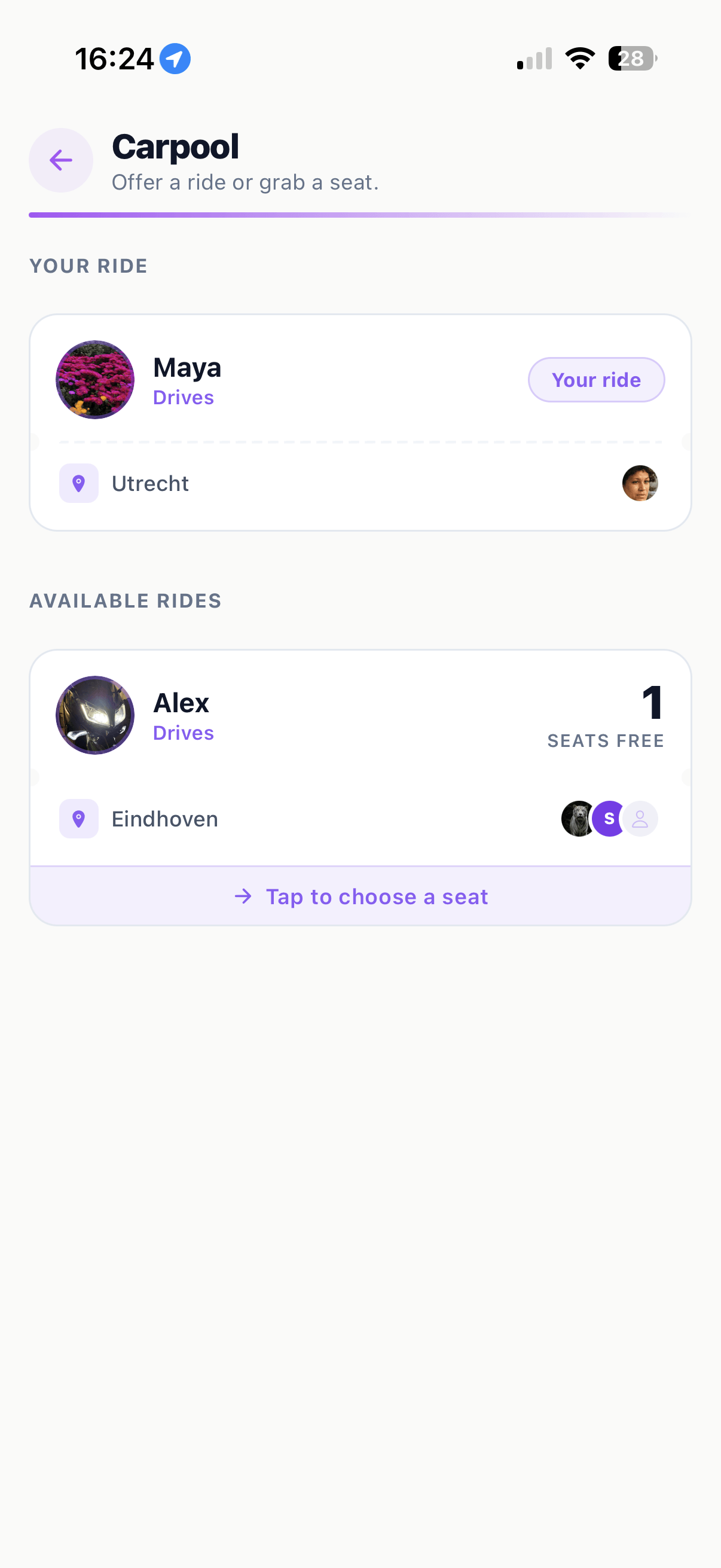Planbutlr carpool screen with a driver, pickup city, and available seats