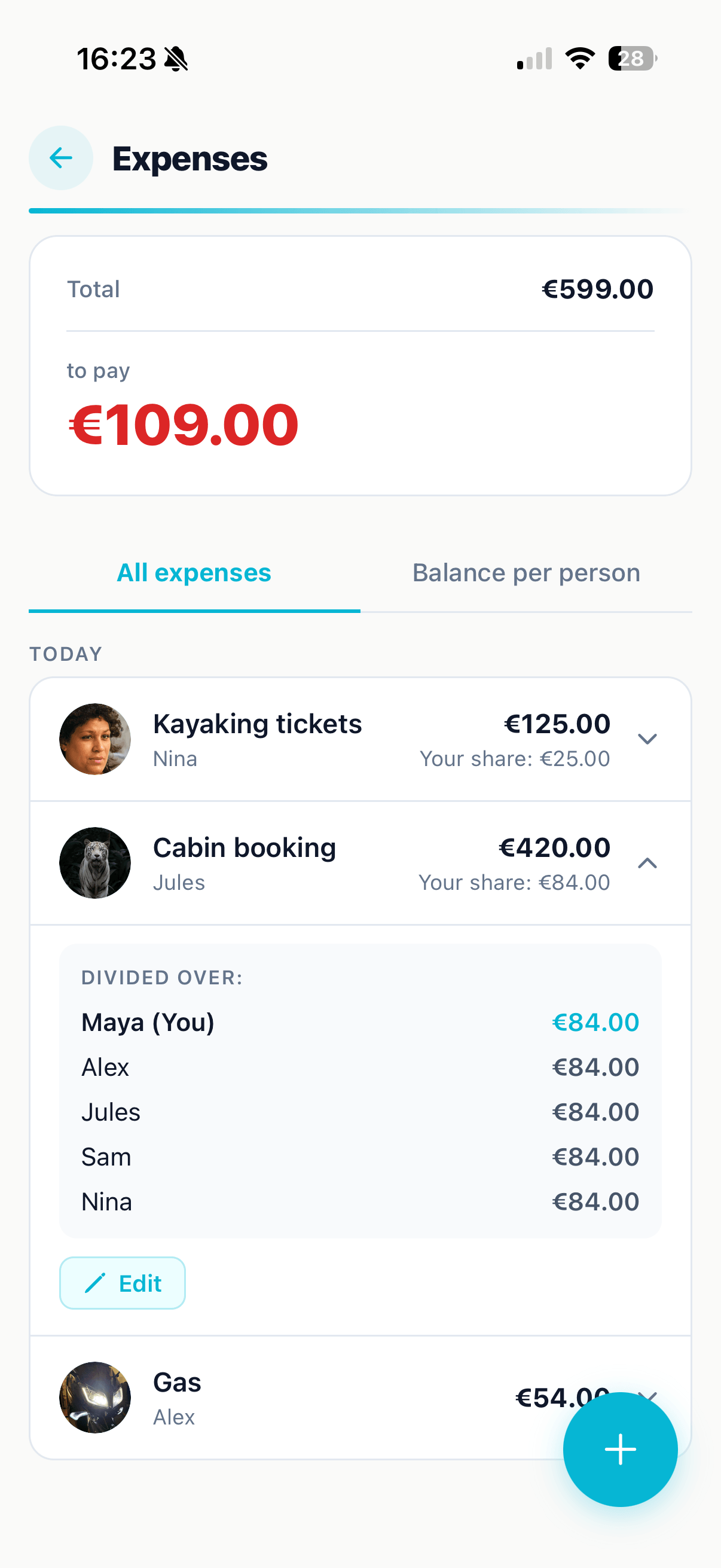 Planbutlr expenses screen showing shared costs, personal balance, and expense details