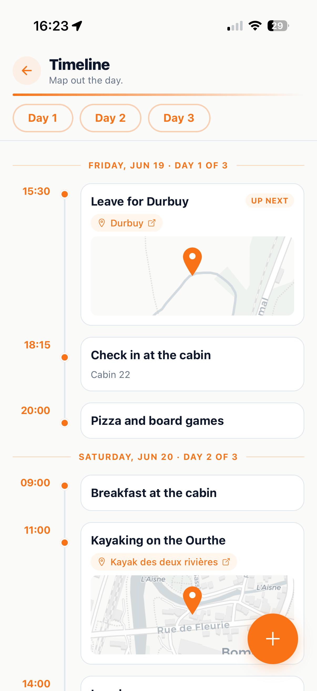 Planbutlr timeline screen with a shared event schedule across multiple days